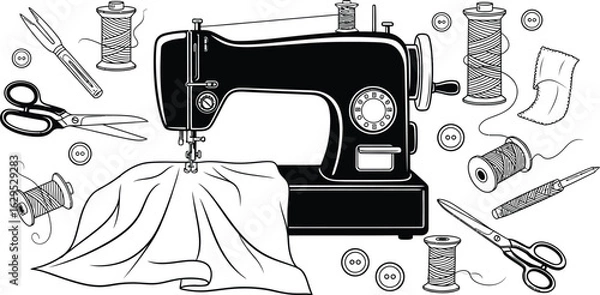 Obraz Vintage sewing machine with threads, scissors, and buttons art
