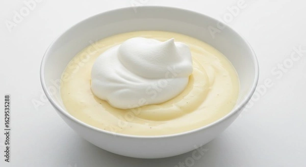 Obraz 白い器に盛られた滑らかプリン ふわふわ生クリーム添え 優しい光. AI Generated