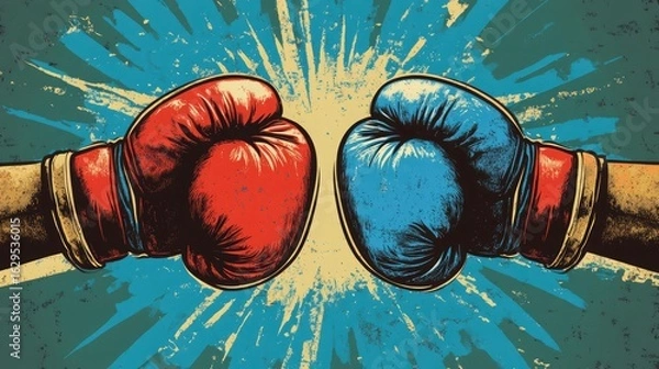 Fototapeta Classic emblem of boxing with crossed gloves in vibrant red and blue tones styled with vintage vector aesthetics