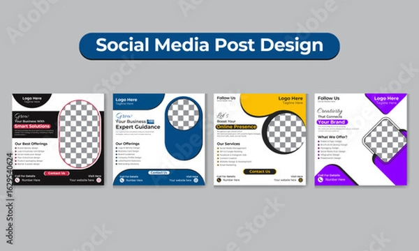 Obraz Modern social media post template design:  four vibrant color options, customizable layouts, and professional branding elements.