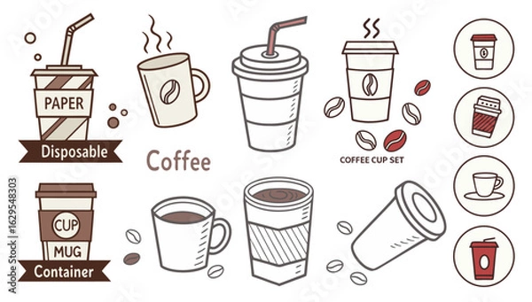 Fototapeta Assorted Coffee Cups and Beans Icon Set