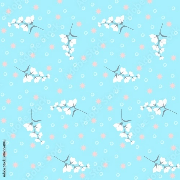 Fototapeta Seamless natural pattern with bells flowers and stars on sunny blue background.