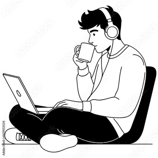 Fototapeta Young Man Drinking Coffee While Using Laptop Simple Flat Vector Illustration