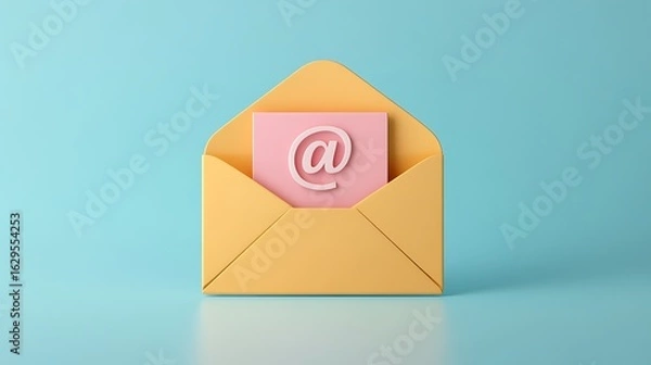 Fototapeta 3D open envelope with paper and at symbol representing email digital communication or e-letter in cartoon minimal style
