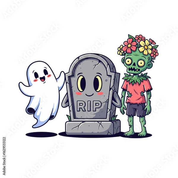 Obraz Cute cartoon ghost and zombie with tombstone isolated on transparent background