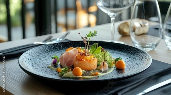Fototapeta Fusion dish presented on modern table with unique cutlery and creative meal plating