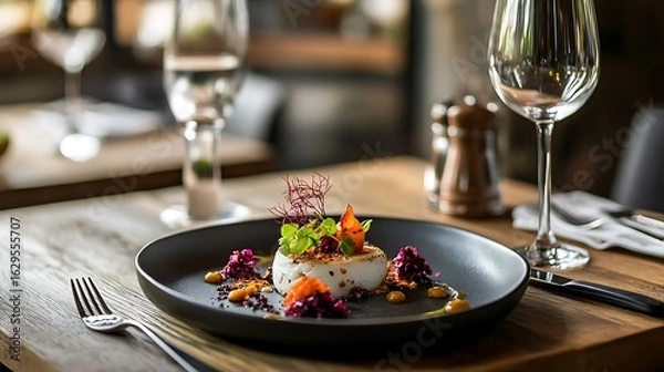 Fototapeta Fusion dish presented on modern table with unique cutlery and creative meal plating