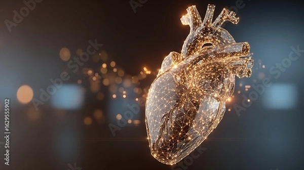 Fototapeta Futuristic 3D heart with glowing digital lines and abstract tech background in modern medical design style