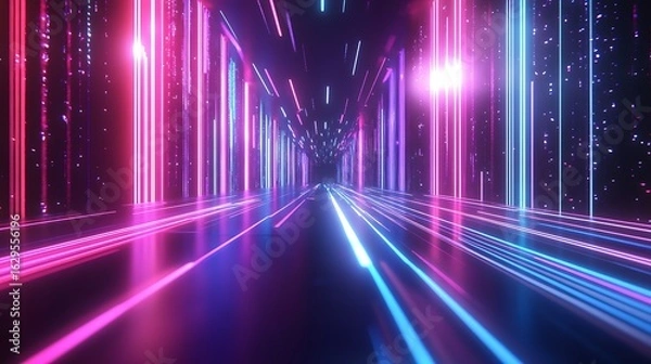 Fototapeta Futuristic neon background with glowing upward lines and digital energy flow 3d render