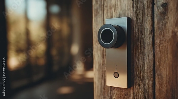 Fototapeta Futuristic smart lock with biometric fingerprint scanner on wooden door subtle evening lighting creating modern home tech vibe