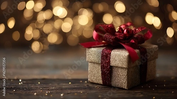 Fototapeta Gift box with red bow and ornaments on wooden surface with dark golden bokeh background