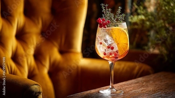 Fototapeta Gin cocktail with ice orange slice thyme and berries in large glass on wooden table soft velvet chair background