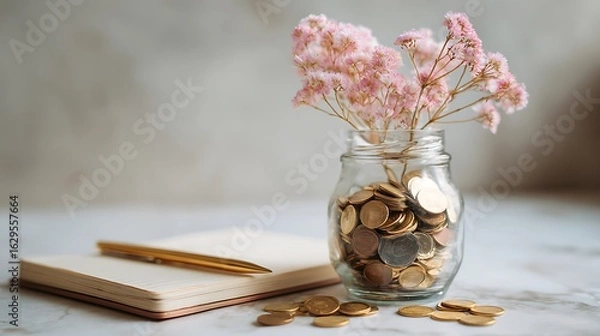 Fototapeta Glass jar filled with coins and flower beside notebook symbolizing saving money for wedding on clean soft light background