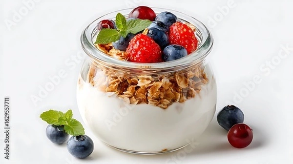 Fototapeta Glass jar of fresh yogurt with granola and berries front view isolated on clean white background