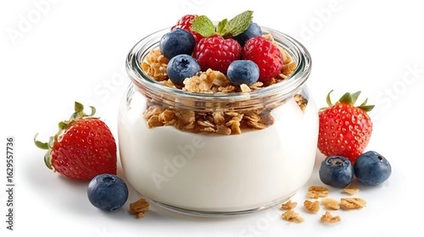 Fototapeta Glass jar of fresh yogurt with granola and berries front view isolated on clean white background