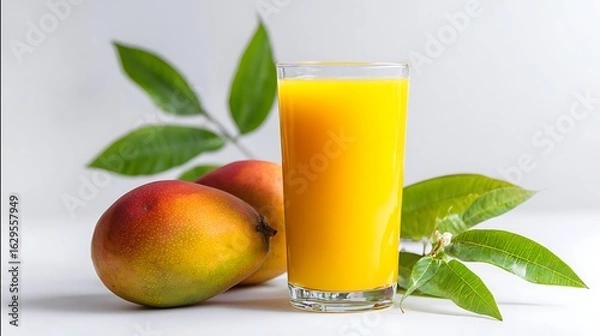 Fototapeta Glass of fresh mango juice with bright color on white background with soft natural light