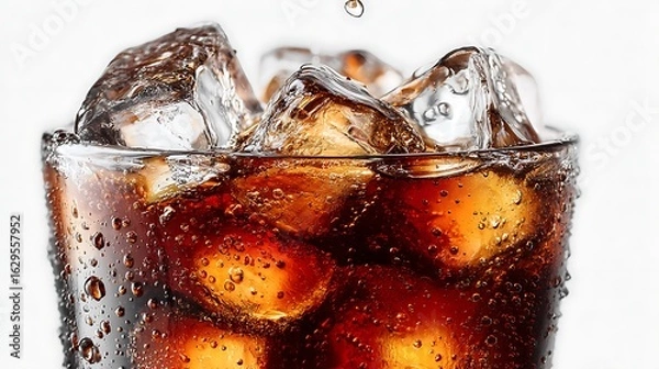 Fototapeta Glass of cold drink with ice on white background close up