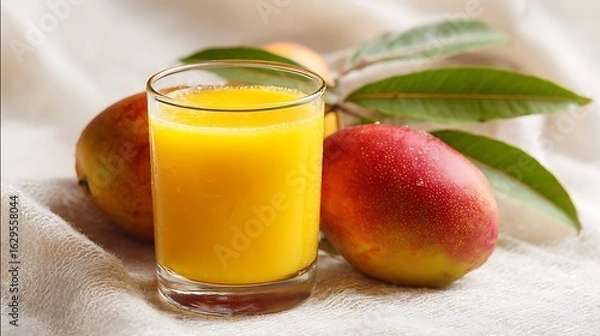 Fototapeta Glass of fresh mango juice with bright color on white background with soft natural light
