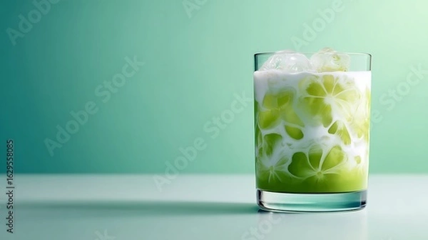 Fototapeta Glass of iced matcha latte with foam pattern on mint to white gradient backdrop