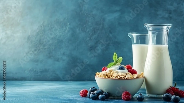 Fototapeta Glass of milk jug and bottle of milk accompanied by a bowl of cereal topped with berries set against a vibrant blue backdrop featuring elegant details