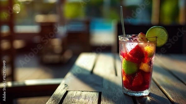 Fototapeta Glass of vibrant fruit cocktail on table with soft natural lighting and relaxed summer atmosphere