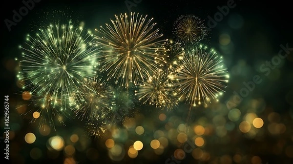 Fototapeta Green and gold vintage fireworks with glowing bokeh lights on festive night background