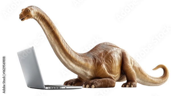 Fototapeta Dinosaur Using Computer: A striking image showcases a dinosaur interacting with a modern laptop computer, creating a thought-provoking visual metaphor for innovation and progress.