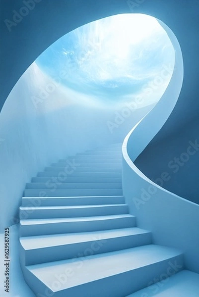 Fototapeta Ascending Spiral: White staircase leading upwards towards a circular opening revealing a bright, airy sky with wispy clouds.