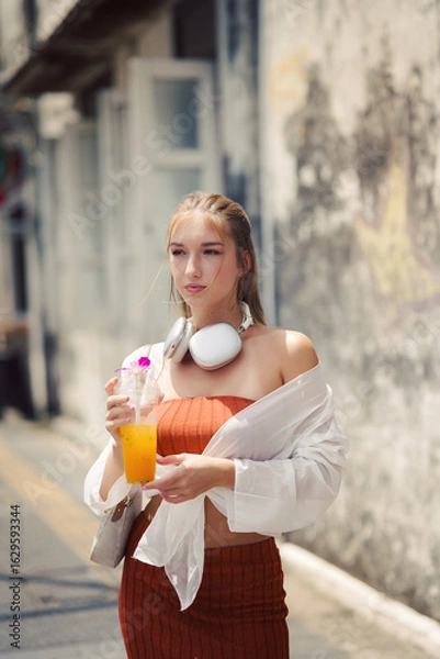 Obraz A beautiful teenage model girl posing on the streets of old town during street style photo shooting drinking ice fruit beverage