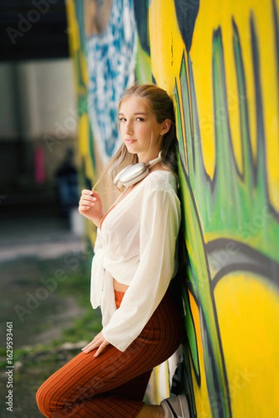 Obraz A beautiful teenage model girl posing on the streets of old town during street style photo shooting