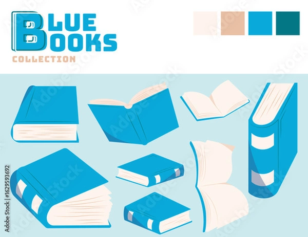 Obraz Flat vector collection of blue books in various open and closed positions. Perfect for school, library, education, or publishing-related designs.