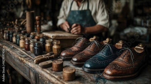 Fototapeta A Shoemaker Working In His Workshop  Dark Lighting, MSME Business Concept