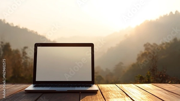 Fototapeta Laptop with blank screen on wooden floor facing misty mountains and soft sunrise light creating peaceful remote work concept