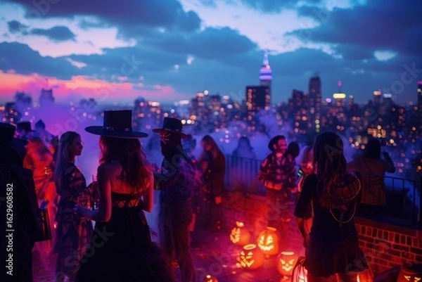 Fototapeta Halloween rooftop party at night with city skyline views and costumed crowd celebrating festive urban atmosphere with glowing jackolanterns