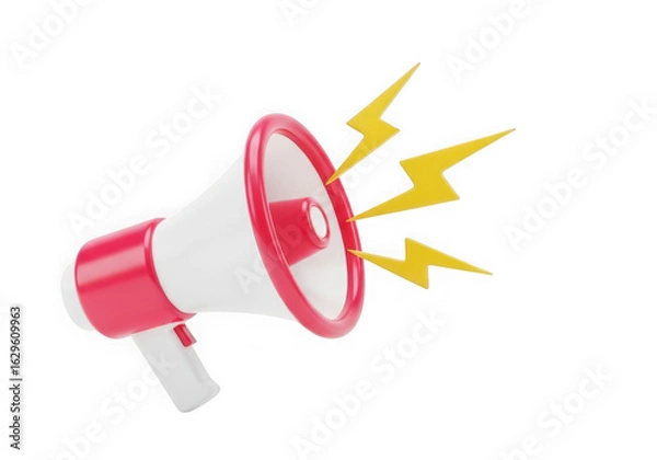Fototapeta 3d icon of a red and white megaphone with yellow lightning bolts emanating from it, symbolizing an announcement or important message, isolated on transparent background