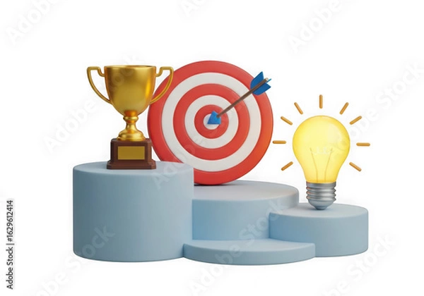 Fototapeta 3d icon of golden trophy, dartboard with arrow, and glowing lightbulb on podiums, symbolizing success, goals, and ideas isolated on transparent background