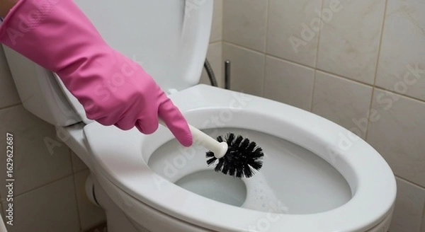 Fototapeta 清潔なトイレ掃除、ピンクの手袋で丁寧に磨き上げる
