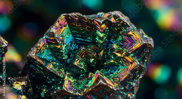 Fototapeta Bismuth crystal iridescent mineral rainbow gemstone colorful structure macro close up detail metallic shine 100