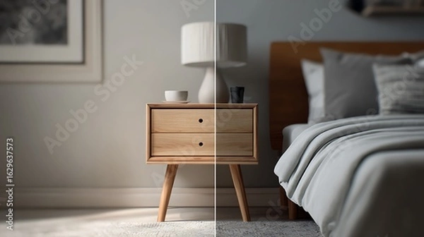 Fototapeta Minimalist nightstand shown left, soft bedroom in background defocused, right for branding 