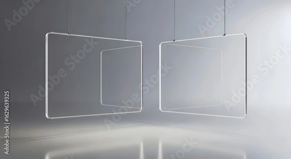 Fototapeta Two large floating rectangular digital screens, computer monitors, with content areas, hovering in a surreal, minimal virtual space.. control room, holographic, modern, wireframe, reflection, floating
