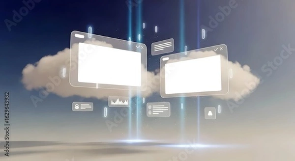 Fototapeta Two large floating rectangular digital screens, computer monitors, with content areas, hovering in a surreal, minimal virtual space.. control room, holographic, modern, wireframe, reflection, floating