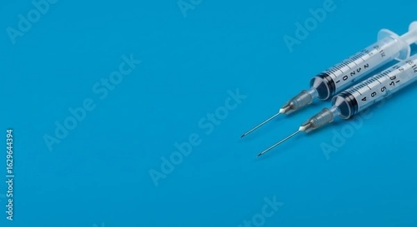 Fototapeta 青い背景に輝く注射器２本　医療現場イメージ