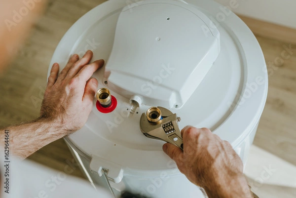 Fototapeta Man using a wrench to tighten a fitting on a water heater