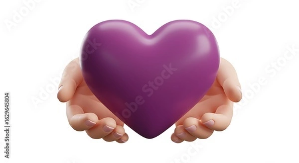 Fototapeta Hands gently holding a purple heart shape against a white background in a loving gesture of care