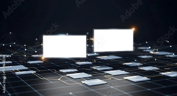 Fototapeta Two large floating rectangular digital screens, computer monitors, with content areas, hovering in a surreal, minimal virtual space.. control room, holographic, modern, wireframe, reflection, floating