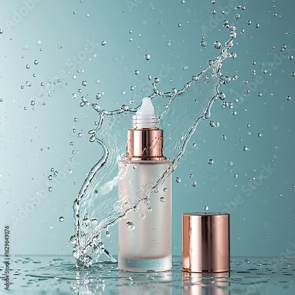 Fototapeta Elegant serum bottle with refreshing splash for skincare ads that highlight hydration and beauty, perfect for premium cosmetic brands and influencers. AI generated images