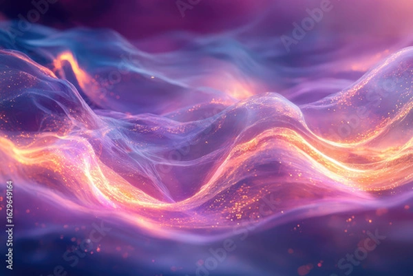 Obraz Abstract artwork depicting glowing, purple and orange waves with sparkling particles, creating a dreamy, ethereal atmosphere.