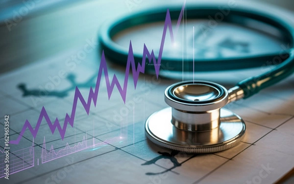 Fototapeta Silver stethoscope on paper with purple rising graph and blurred geometric patterns medical health