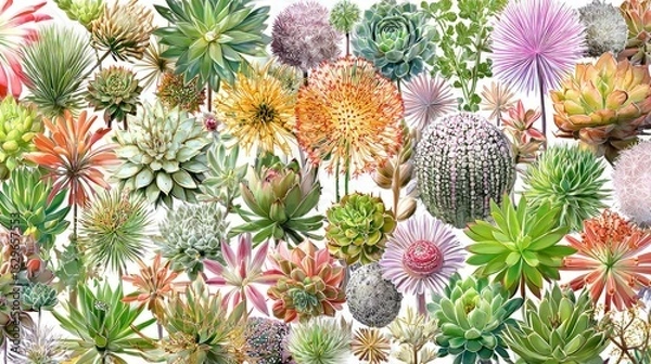 Fototapeta A colorful collection of succulents and desert plants.
