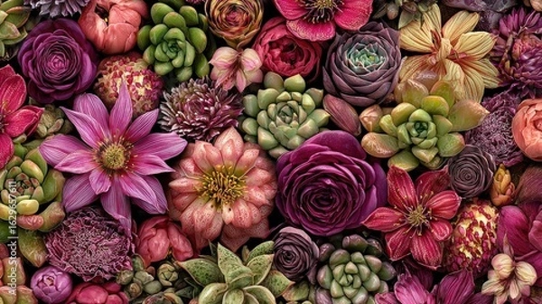 Fototapeta A vibrant arrangement of succulents and flowers in deep purples, pinks, and reds.